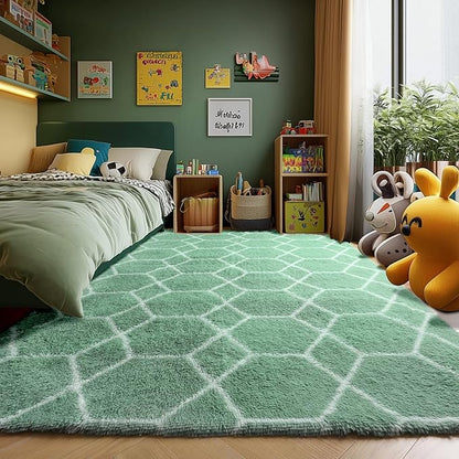 ONASAR Rugs for Living Room Bedroom, 5x8 Fluffy Sage Green and White Area Rug, Geometric Boho Soft Plush Shaggy Floor Carpets for Nursery Kids Girls Boys Teen Dorm Home Decor Aesthetic
