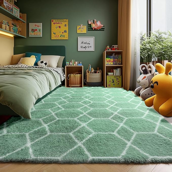 ONASAR Area Rugs for Bedroom Living Room, 4x6 Fluffy Sage Green and White Throw Rug, Soft Plush Fuzzy Shaggy Geometric Floor Carpet for Nursery Kids Girls Boys Teen Dorm Home Decor Aesthetic
