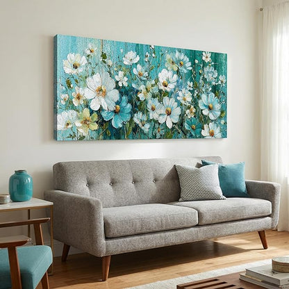 BQVCT White Daisy Floral Wall Art 30x58 Inch Large Gallery Wrapped Canvas Print Turquoise Blue Botanical Painting on Textured Background Ready to Hang for Living Room Bedroom Office Decor
