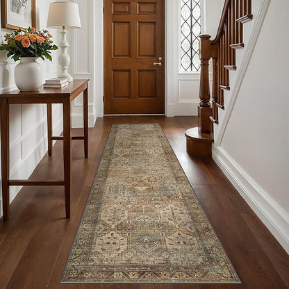 Bavni Runner Rug 2x12 Kitchen Rugs for Hallways Entryway, Washable Vintage Print Carpet, Ultra-Thin Chenille Low Pile Lightweight Rug with Non Slip Backing, Warm Taupe