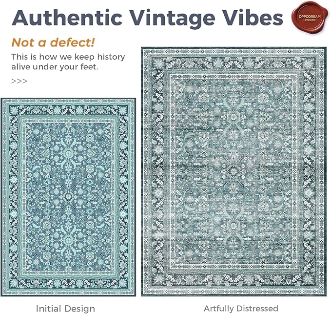OPPODREAM Vintage Teal Area Rugs 8x10, 8 x 10 Retro Washable Rug Non Slip, Low-Pile Faux Wool Carpet, Distressed Floor Mat for Living Room, Bedroom, Office, Dorm, Dinning Room, Big & Large