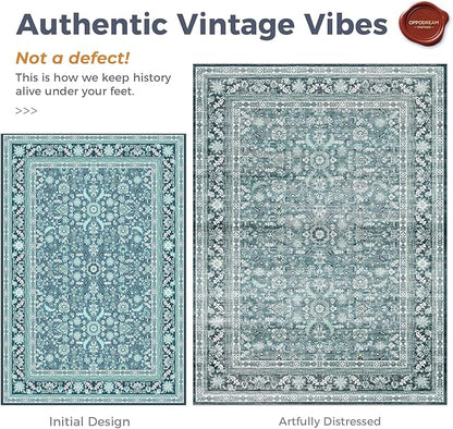 OPPODREAM Vintage Teal Area Rugs 8x10, 8 x 10 Retro Washable Rug Non Slip, Low-Pile Faux Wool Carpet, Distressed Floor Mat for Living Room, Bedroom, Office, Dorm, Dinning Room, Big & Large