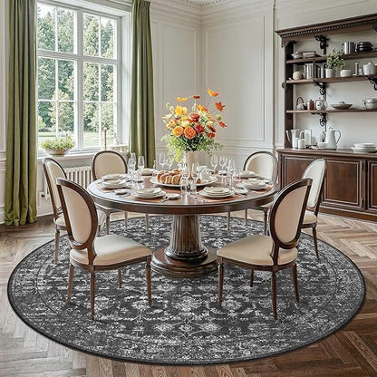 8ft Black Round Washable Area Rug for Living Room Vintage Boho Non Slip Circle 8x8 Large Rug Distressed Floral Carpet Indoor Retro Soft Low Pile Farmhouse Throw Rug for Bedroom Nursery Office