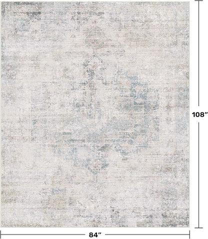 Hazo Haus Blue Farmhouse Area Rug for Bedroom - 7x9 Washable Rug for Dining Room Table, Ultra-Thin Soft Textured Boho Abstract Blue and Gray Indoor Decor, Fade & Stain Resistant