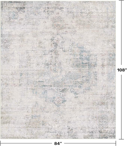 Hazo Haus Blue Farmhouse Area Rug for Bedroom - 7x9 Washable Rug for Dining Room Table, Ultra-Thin Soft Textured Boho Abstract Blue and Gray Indoor Decor, Fade & Stain Resistant