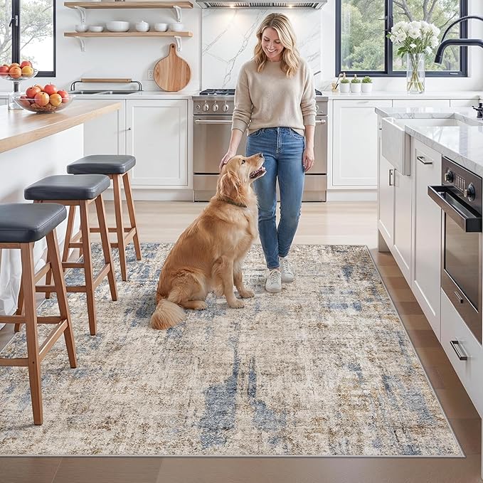 ZHXXUJ Washable 6x6 Square Area Rug – Non Slip Modern Abstract for Kitchen Dining Room Living Room – Low Pile Thin Soft Indoor Rug (Blue Brown)