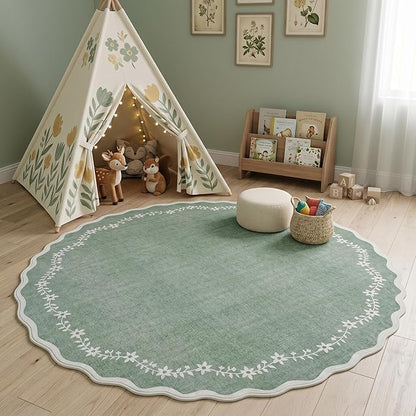 GarveeHome Round Area Rugs 4ft for Kids Room, Sage Green Scalloped Washable Circle Rug Soft Non Slip Floral Print Floor Mat Carpet Indoor Thin Tent Rug for Bedroom Dining Room Playroom Nursery