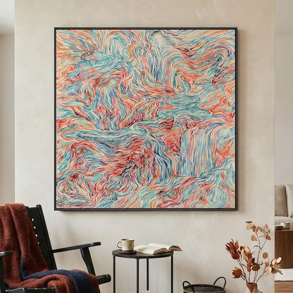 Extra Large Framed Colorful Abstract Wall Art for Living Room, Oversized Square Modern Canvas Prints Paintings, Minimalist Multicolor Big Pictures for Bedroom Dining Hallway Office Wall Decor 40x40 In