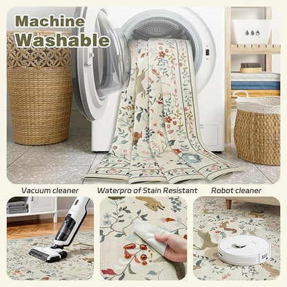 9x12 Area Rugs Washable Rug: Lagre Boho Living Room Rug Soft Non-Slip Thin Carpet Indoor Floor Non-Shedding Neutral Floral Carpets for Bedroom Dining Room Farmhouse Nursery Beige Animal