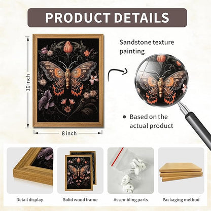 Framed Vintage 3D Textured Wall Art - Gothic Butterfly Wall Decor - Hand Drawn Sandstone Nature Botanical Pictures for Living Room Bedroom Home Decor 8x10in