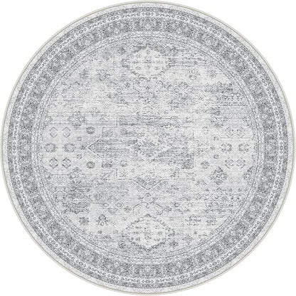 GENIMO 5FT Round Area Rugs for Living Room, Circle Rugs Machine Washable Low Pile, Chenille Non Slip Vintage Rug for Bedroom, Dining Room, Home Office, Grey