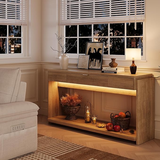 Feonase 71" Long Console Table with Drawer and LED, Wooden Farmhouse Sofa Table Behind Couch, Modern Entryway Table for Living Room, Hallway, Entrance, Foyer, Oak Brown