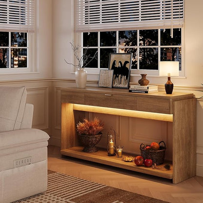 Feonase 71" Long Console Table with Drawer and LED, Wooden Farmhouse Sofa Table Behind Couch, Modern Entryway Table for Living Room, Hallway, Entrance, Foyer, Oak Brown