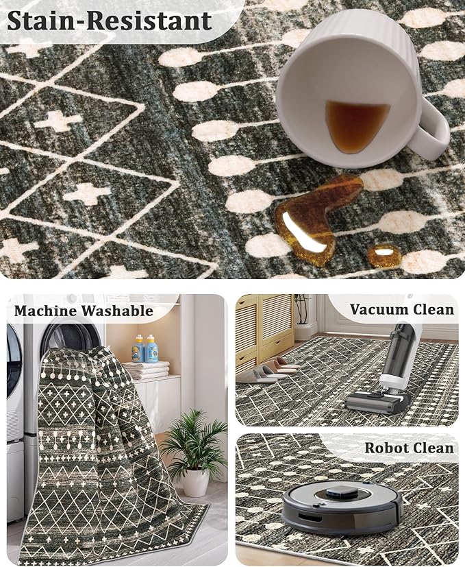 Miukiki 2x8 Runner Rug Moroccan Washable Kitchen Rug Non Slip Indoor Floor Hallway Runner Rug Foldable Carpet for Bathroom Laundry Room with Low Pile(Black,2'x8')