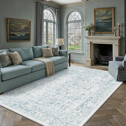PureCozy Blue Area Rug 8x10 Soft Washable Large Vintage Living Room Distressed Non Slip Carpet Traditional Indoor Bedroom Retro Floral Accent Throw Rug for Office Kitchen Dining Room