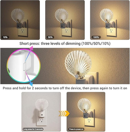 JandCase Night Light, Night Lights Plug into Wall, 2 Pack Dusk to Dawn Sensor Seashell Nightlights, 3000K Soft White Brightness Adjustable Nightlight for Kids Bedroom Hallway Kitchen