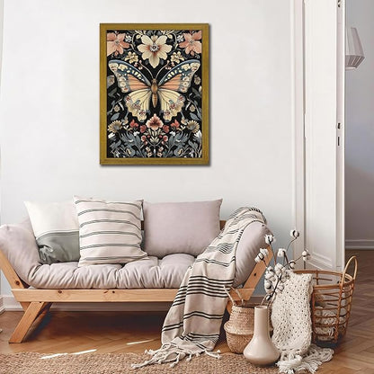 Hand Drawn Sandstone Nature Floral Wall Art, Framed Vintage 3D Textured Butterfly Wall Decor, Gothic Style Flower Insect Print Painting for Living Room Bedroom Home Decor 12x16 inch