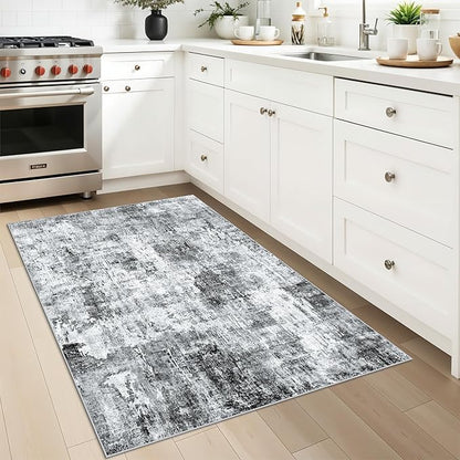 3x4 Washable Entryway Area Rug - Non-Slip Modern Small Indoor Mat for Bathroom,Living Room,Bedroom - Abstract Neutral Soft Low-Pile Throw Carpet with Rubber Backing（Grey）