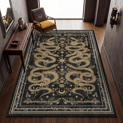 Garvee Snake Gothic 6x9 Area Rug Dark Whimsical Moody Witchy Unique Soft Thin Large Carpet for Living Room Bedroom Dining Room Playroom Indoor Decor Low Pile TPE Backing Black Gray