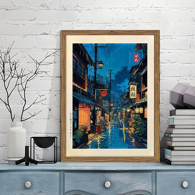 Framed Japanese Wall Art, Asian Tokyo Tea House Canvas Wall Decor Painting, Cool Japanese Night Posters Prints Pictures for Bedroom Living Room Bathroom Home Decor 16x24 Inch