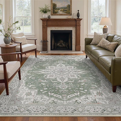 GENIMO 5X7 Washable Vintage Area Rugs for Living Room, Non-Slip Low Pile Chenille Print Rug, Soft Rugs for Bedroom Dining Room Home Office, Sage & Linen