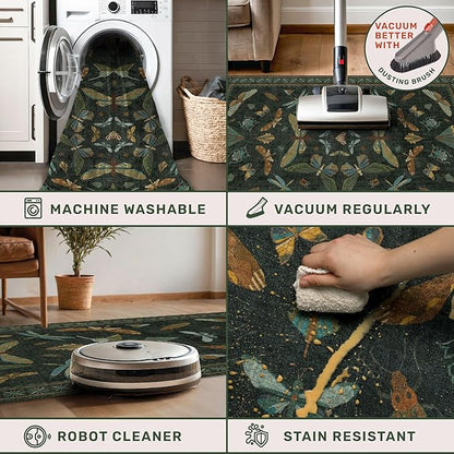Dark Green 4x6 Washable Area Rug for Living Room, Bedroom, Large Entryway, Kitchen, Ultra Soft Non Slip Stain Resistance, Floral Forest with Brown Aethestic Design