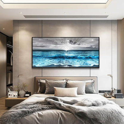 ERQINHUA Large Canvas Black Frame Wall Decor For Living Room Blue Sea Wave Ocean Painting Wall Art For Bedroom Office Dining room Decorations Beach Artworks Wall Pictures Modern Home Decor 32x72 In