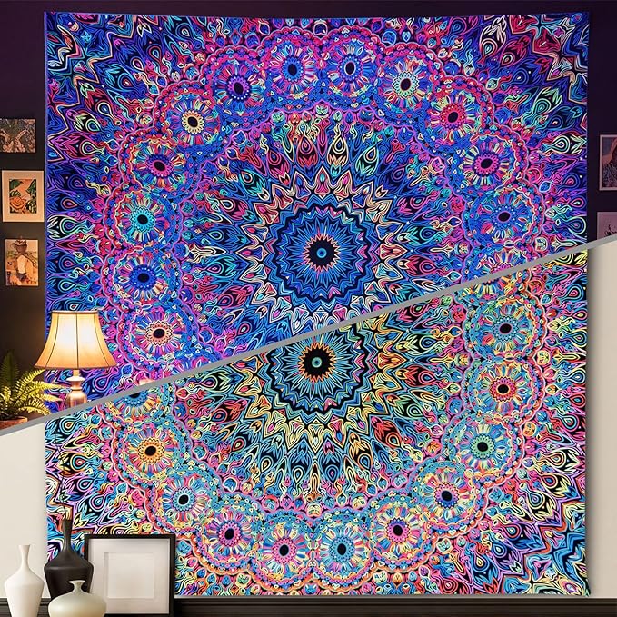PRRPRR Blacklight Mandala Tapestry for Bedroom, UV Reactive Trippy Wal Tapestries, Bohemian Aesthetic Wall Art Decor for Adults Teens and Hippies (Mandala, 90"x70")