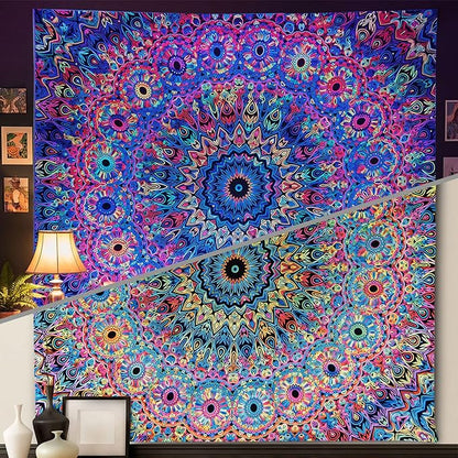 PRRPRR Blacklight Mandala Tapestry for Bedroom, UV Reactive Trippy Wal Tapestries, Bohemian Aesthetic Wall Art Decor for Adults Teens and Hippies (Mandala, 90"x70")