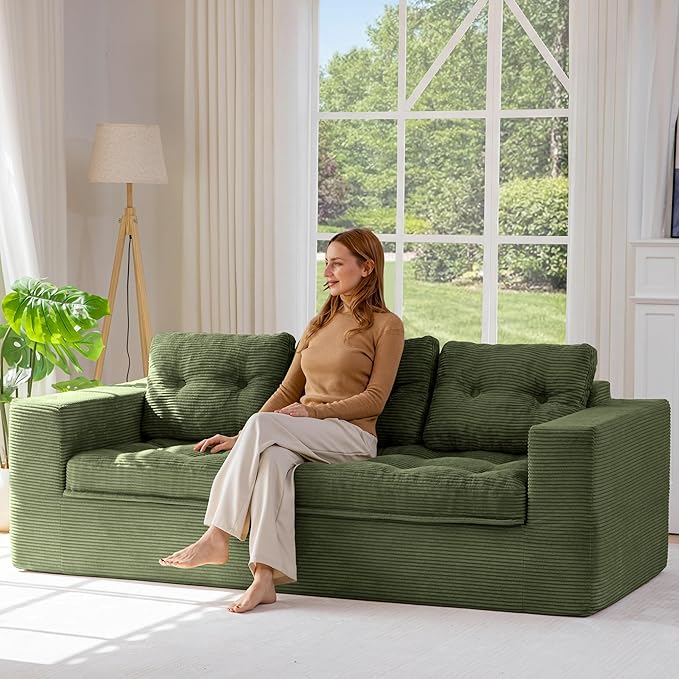 MAXYOYO 79" Loveseat Sofa Couch for Small Spaces, Upholstered Boneless Cloud Couch for Apartment Bedroom, 3-Seater Love Seat Floor Modern Sofa with Pillows, No Assembly Required, Dark Green
