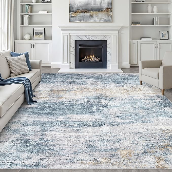 7x10 Area Rug Living Room: Washable Large Neutral Rugs Abstract Soft Modern Stain Resistant Indoor Floor Non-Slip Carpet for Bedroom Nursery Kids Office Playroom Dining Room Under Table- Blue Gold