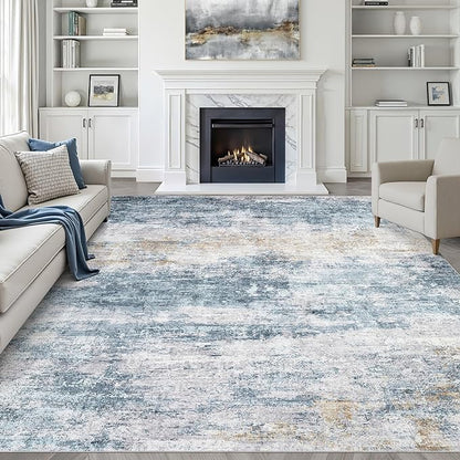 7x10 Area Rug Living Room: Washable Large Neutral Rugs Abstract Soft Modern Stain Resistant Indoor Floor Non-Slip Carpet for Bedroom Nursery Kids Office Playroom Dining Room Under Table- Blue Gold