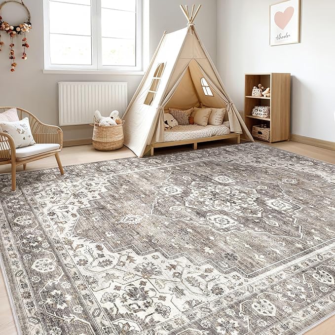 7x10 Area Rug Living Room: Washable Boho Large Neutral Vintage Soft Rug Stain Resistant Farmhouse Non-Slip Indoor Rustic Floor Carpet for Bedroom Nursery Kids Playroom Office Dining Room- Dark Brown