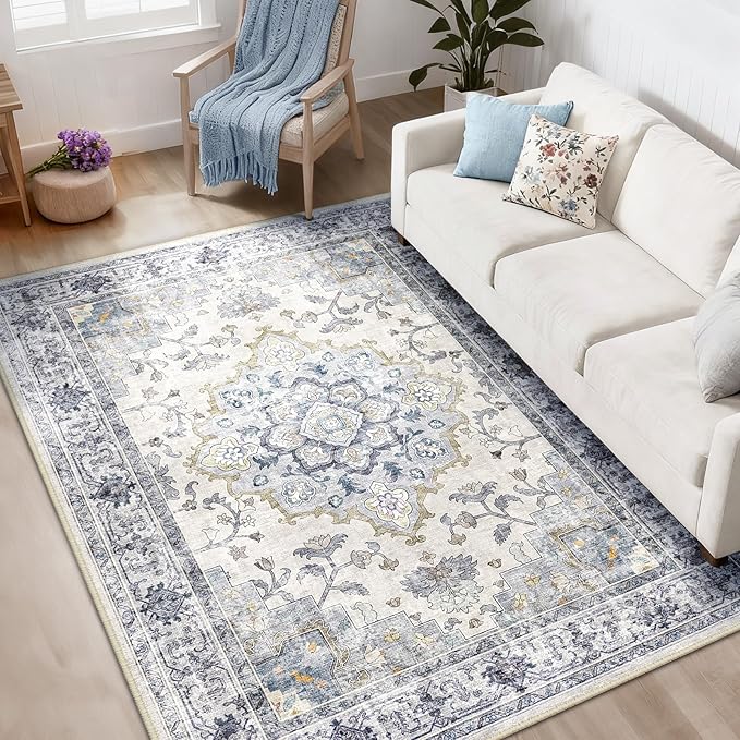 CAPALOCA Machine Washable Rugs Nursery Rug 5x8 Cute Girl Non Slip Low Pile Water Repellent Soft Print Pattern for Bedroom Indoor Decor Kids Playroom Blue White