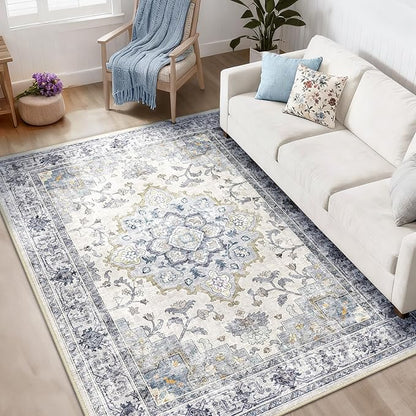 CAPALOCA Machine Washable Rugs Nursery Rug 5x8 Cute Girl Non Slip Low Pile Water Repellent Soft Print Pattern for Bedroom Indoor Decor Kids Playroom Blue White