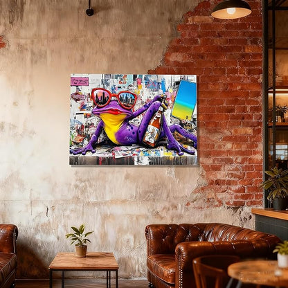 16x24 Urban Graffiti Purple Frog with Sunglasses Wall Art Canvas Painting Gallery Pop Art Street Artwork Decor Teen Little Boys Room Pictures Kids Bedroom Framed Posters for Men Office Living room