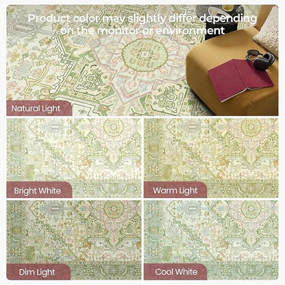 Kokia 9x12 Washable Sage Green Area Rugs with Vintage Orient Design, Soft Rug for Living Room or Bedroom, Non-Slip Low Pile Stain Resistance Features, Distressed Medallion Pattern