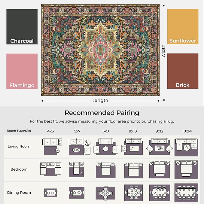 Kokia 10x14 Washable Black and Pink Area Rugs with Vintage Orient Design, Soft Rug for Living Room or Bedroom, Non-Slip Low Pile Stain Resistance Features, Distressed Medallion Pattern