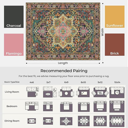 Kokia 6x9 Washable Black and Pink Area Rugs with Vintage Orient Design Soft Rug for Living Room or Home Office Non-Slip Low Pile Stain Resistance Features Distressed Medallion Pattern