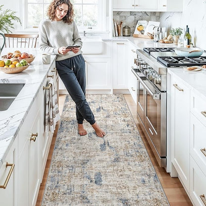 3x12 ft Long Hallway Runner Rug - Non-Slip Washable Kitchen Rug with Rubber Backing,Modern Abstract Neutral Thin Low Pile Floor Carpet Runner for Entryway,Bedroom,Living Room（Blue Brown）