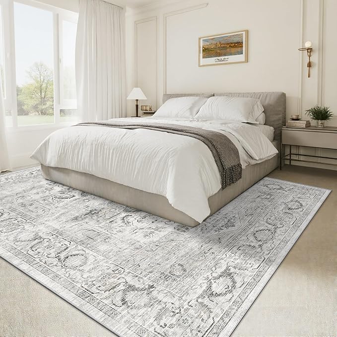 Washable 5x7 Area Rug - Soft Ultra Thin Living Room Rugs Stain Resistant Non Slip Area Rugs for Bedroom Vintage Home Decor Indoor Floor Mat (Ivory/Gray,5'x7')