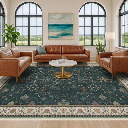 Hazo Haus Dark Green Oushak Living Room Rug 10x14 - Modern Vintage Boho Eclectic Floral Pastel, Washable Low Pile Non-Slip Extra Large Area Rugs for Dining Under Table Bedroom Lounge