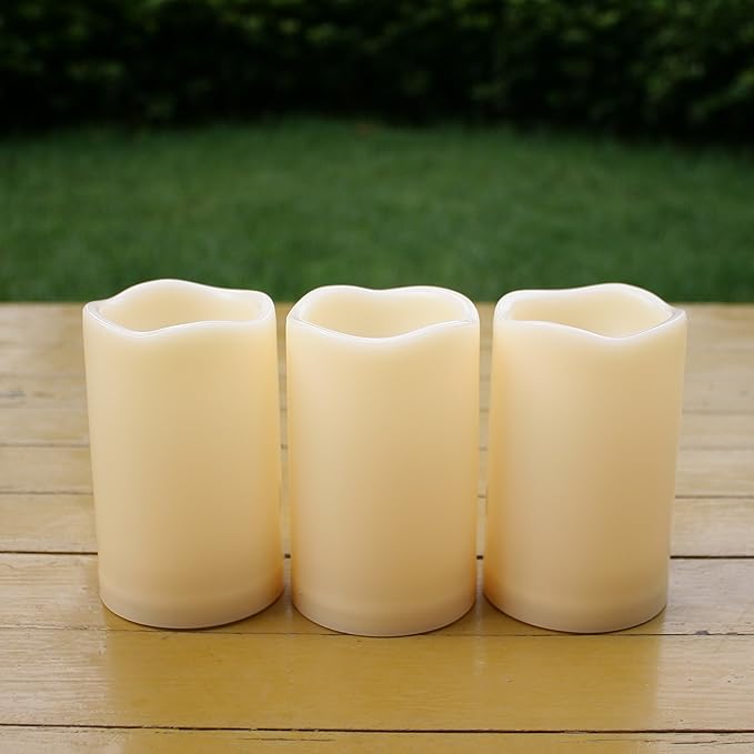 iZAN 3-Pack Battery Operated Flameless LED Candles with Timer Outdoor Waterproof Flickering Timing LED Pillar Candles for Home Wedding Party Festival Décor Long Battery Life 1500+ Hours 3”x5”