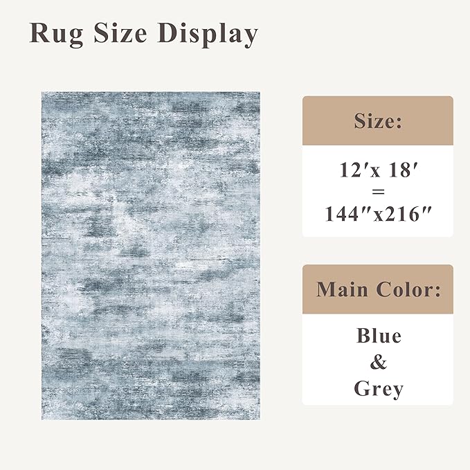 Extra Large Living Room Rug 12x18ft Washable Modern Abstract Neutral Oversize Rug for Bedroom, Dining Room, Family Room Non-Slip Low-Pile Thin Stain-Resistant Carpet (Misty Blue Gray)