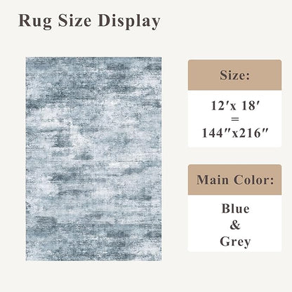 Extra Large Living Room Rug 12x18ft Washable Modern Abstract Neutral Oversize Rug for Bedroom, Dining Room, Family Room Non-Slip Low-Pile Thin Stain-Resistant Carpet (Misty Blue Gray)