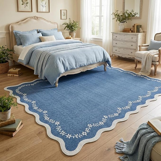 GarveeHome 6x9 Scalloped Area Rug Blue Washable Rugs for Living Room Bedroom, Soft Low Pile Non Slip Accent Floor Mat Solid Floral Print Throw Rug Farmhouse Indoor Carpet for Dorm Playroom
