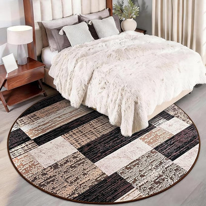 FlyDOIT Modern Round Area Rug for Living Room, 5Ft Washable Round Rug Chocolate Geometric Patchwork Circle Rugs for Dining Room Table, Large Circular Floor Carpet for Bedroom Home Office