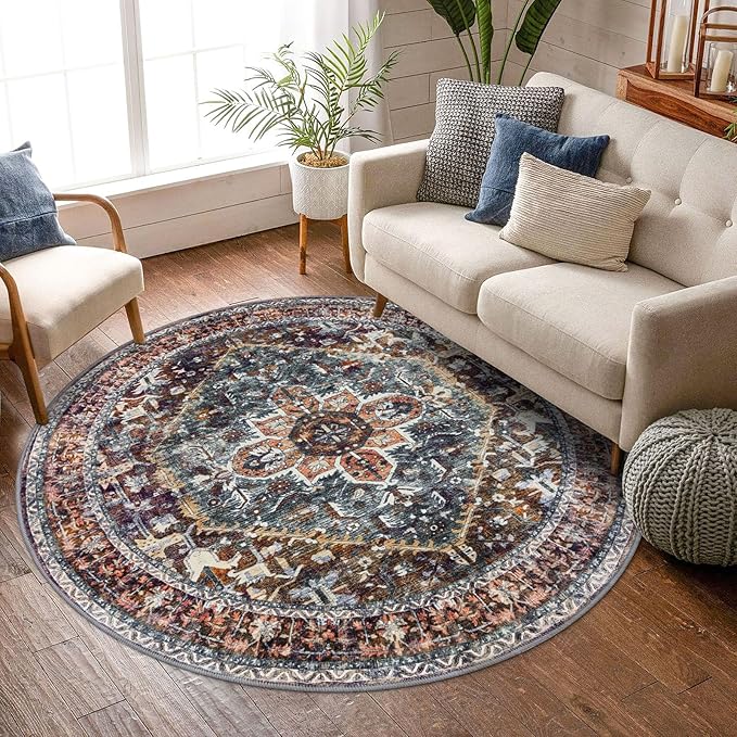 KOZYFLY Round Rug 6 Ft Rugs for Entryway Washable Circle Rug Non Slip Round Living Room Rugs Printed Faux Wool Round Dining Room Floor Carpet Floor Carpet for Entryway, Bedroom, Brick Red/Orange/Green