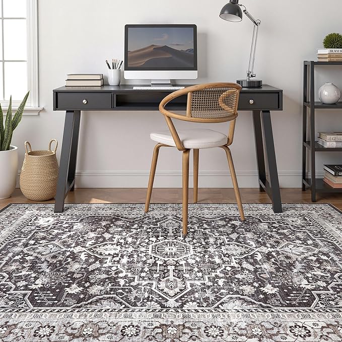 6x9 Area Rugs Living Room: Washable Boho Large Vintage Moody Soft Rug Distressed Oriental Stain Resistant Non-Slip Indoor Floor Carpet for Bedroom Playroom Office Dining Room Retro Home House- Black