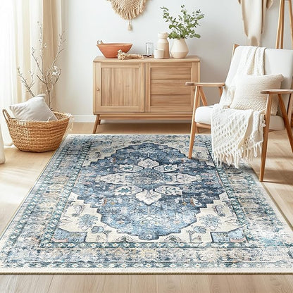 BESTSWEETIE 4x6 Area Rug Washable Rugs for Living Room, No Pile Boho Carpet for Entryway Bedroom Dinning Room, Vintage Carpet Print Distressed Non-Slip, 4 x 6 ft, Blue Navy